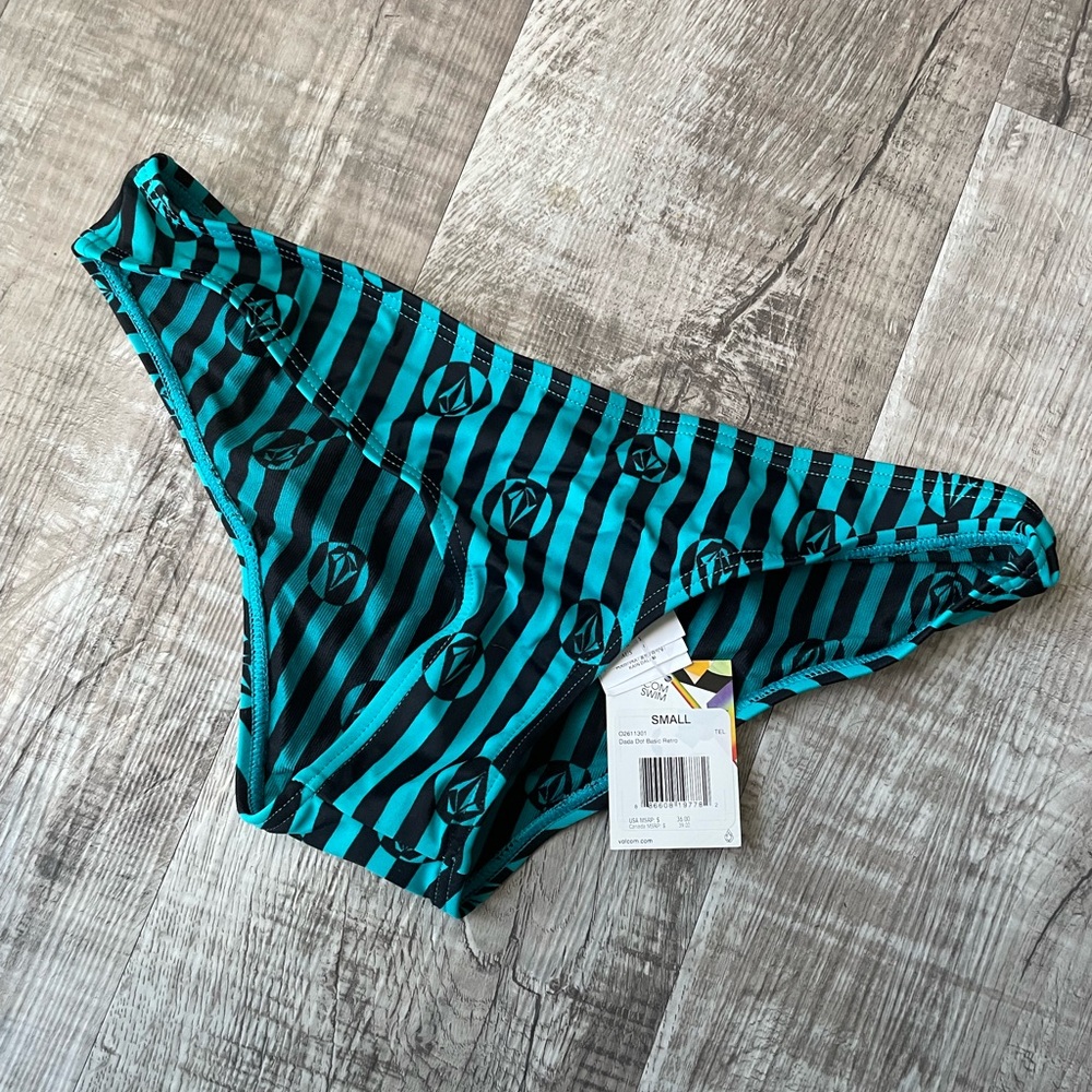 Volcom Teal and Black Striped Bikini Bottom